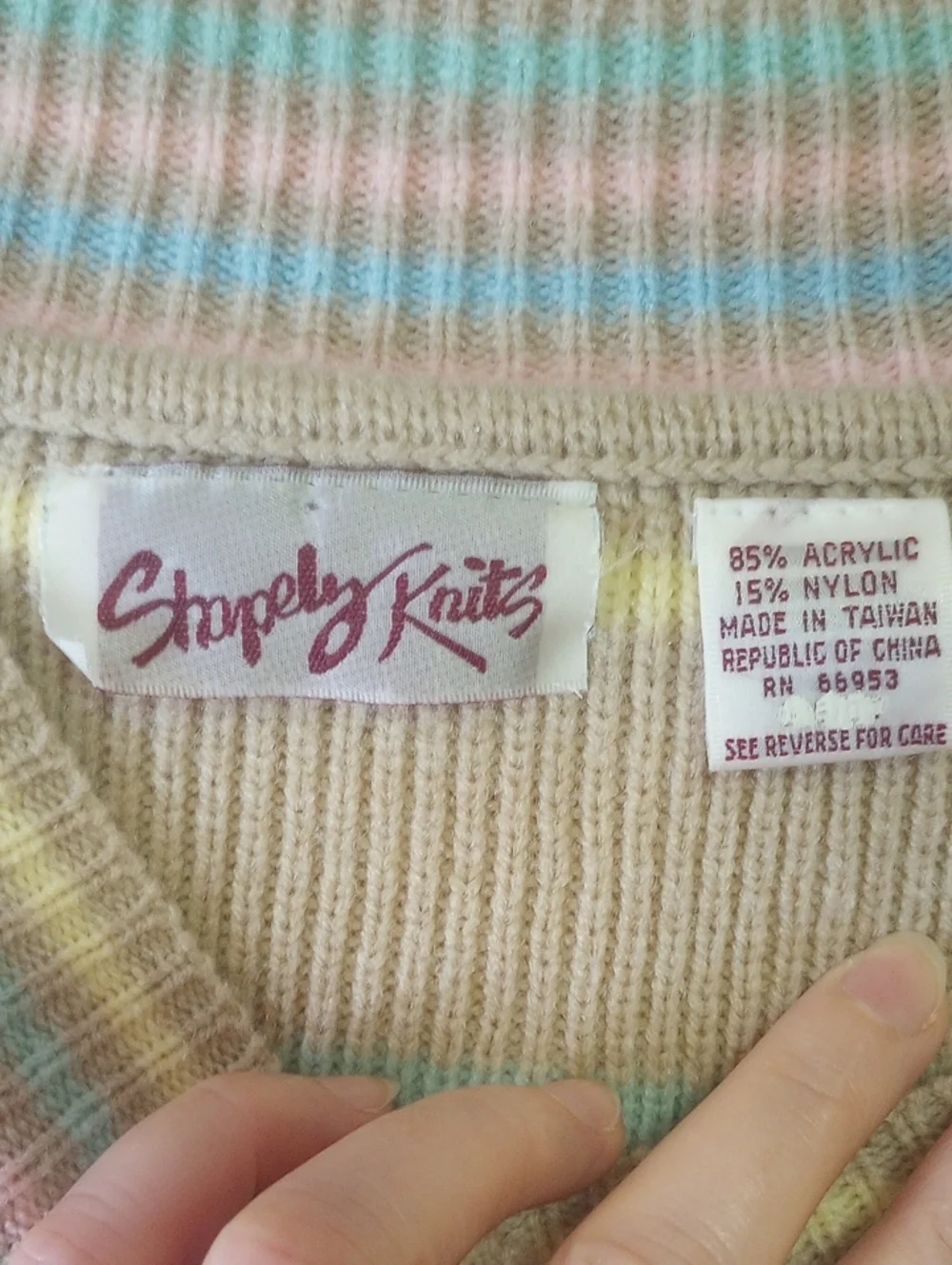 Stapely Knits Striped Oversized Vtg Sweater. Tan Pink Peach Yellow Green Blue